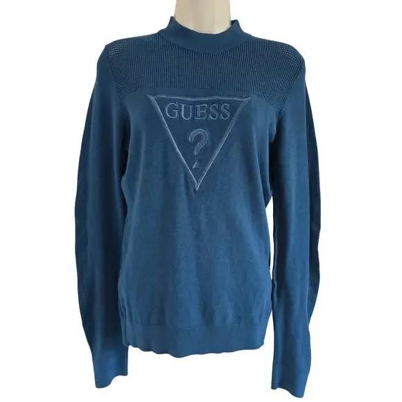 Guess Womens Logo Embroidered Mock Neck Sweater Size L Blue Long Sleeve Y2K - Picture 2 of 9